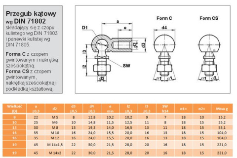 Przegub kątowy kulowy DIN 71802 C16 x M10 Przegub kątowy kulowy DIN 71802 C16 x M10