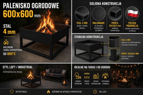 Palenisko ogrodowe 600x600 mm stal 4 mm loft czarne