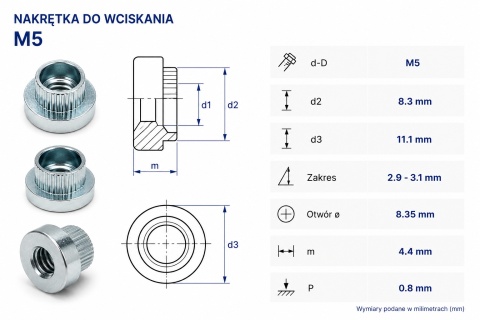 Nakrętki wciskane okrągłe Stal Ocynkowane M5-(2,9-3,1) 250 szt.