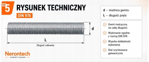 Pręt gwintowany M30 × 1000 mm DIN 976 klasa 8.8 OCYNK 1 szt.
