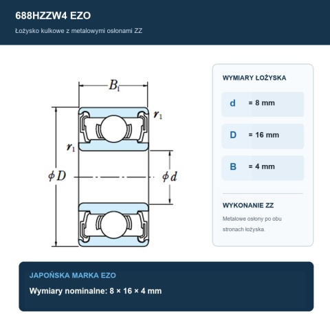 Łożysko kulkowe nierdzewne 688HZZW4 EZO 8x16x4 mm
