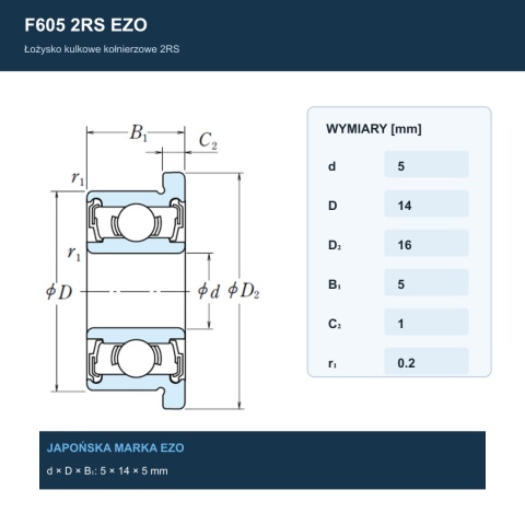 Łożysko kulkowe z kołnierzem F605 2RS EZO 5x14x5 mm