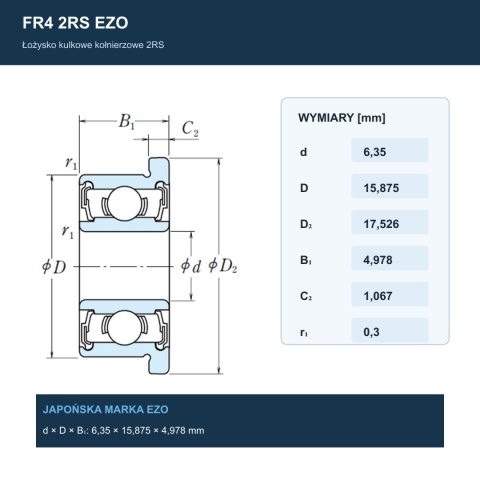 Łożysko kulkowe z kołnierzem FR4 2RS EZO 6,35x15,875x4,978 mm