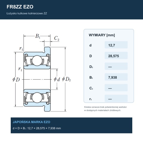 Łożysko kulkowe z kołnierzem FR8ZZ EZO 12,7x28,575x7,938 mm