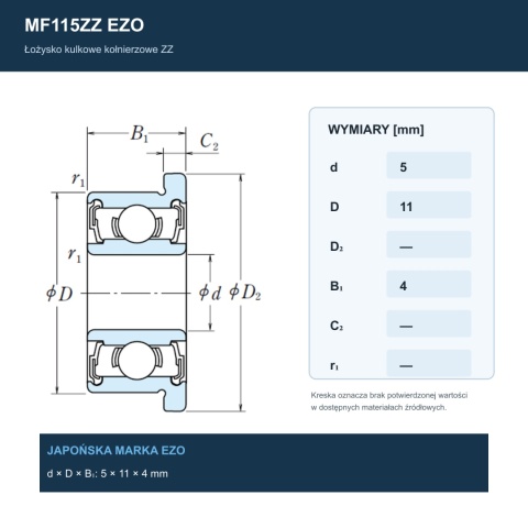 Łożysko kulkowe z kołnierzem MF115ZZ EZO 5x11x4 mm