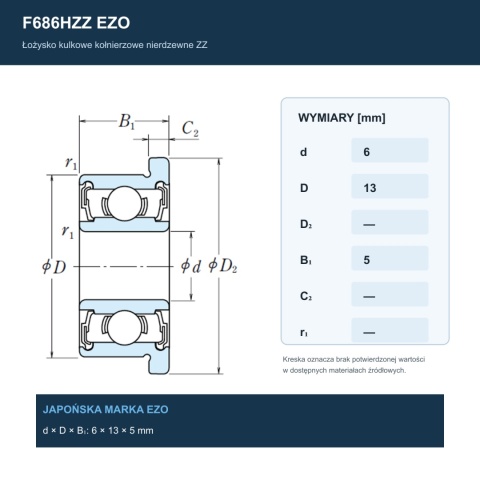 Łożysko kulkowe z kołnierzem nierdzewne F686HZZ EZO 6x13x5 mm