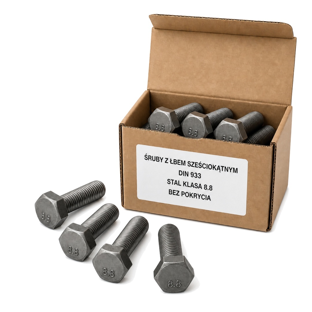 Śruby sześciokątne DIN 933 klasy 8.8 przy kartonowym opakowaniu