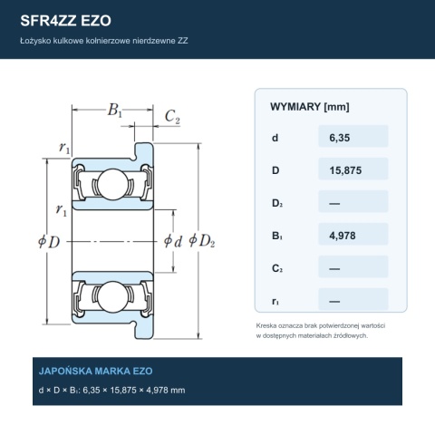 Łożysko kulkowe z kołnierzem nierdzewne SFR4ZZ EZO 6,35x15,875x4,978 mm