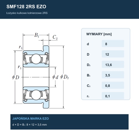 Łożysko kulkowe z kołnierzem nierdzewne SMF128 2RS EZO 8x12x3,5 mm
