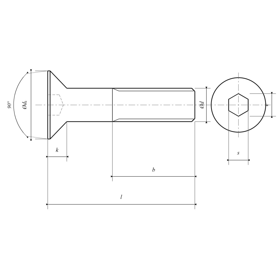 Rysunek techniczny śruby DIN 7991 NG, niepełny gwint, z oznaczeniami d, dk, l, b, k, s, e oraz kątem łba 90 stopni