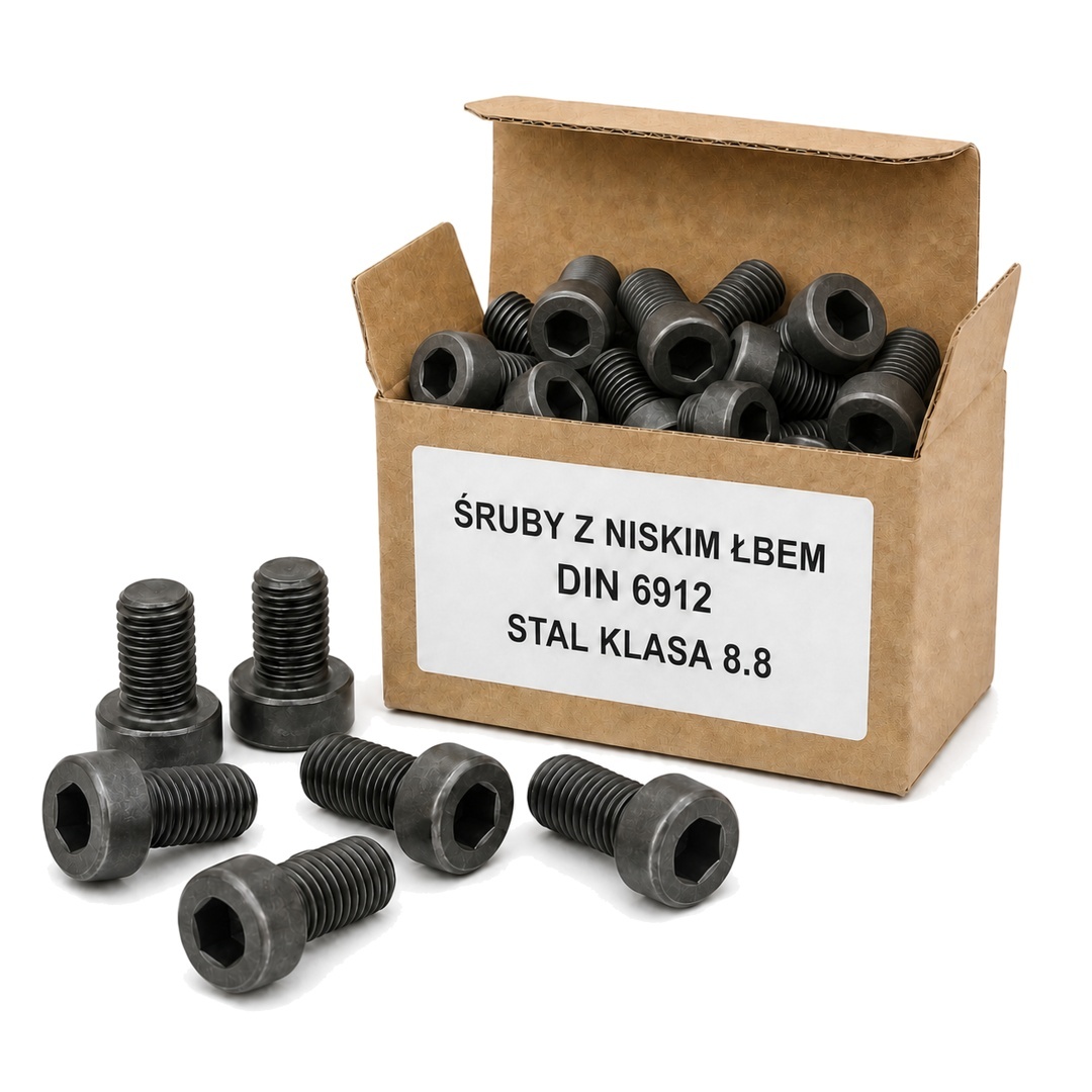 Śruby z niskim łbem DIN 6912 klasy 8.8 przy kartonowym opakowaniu