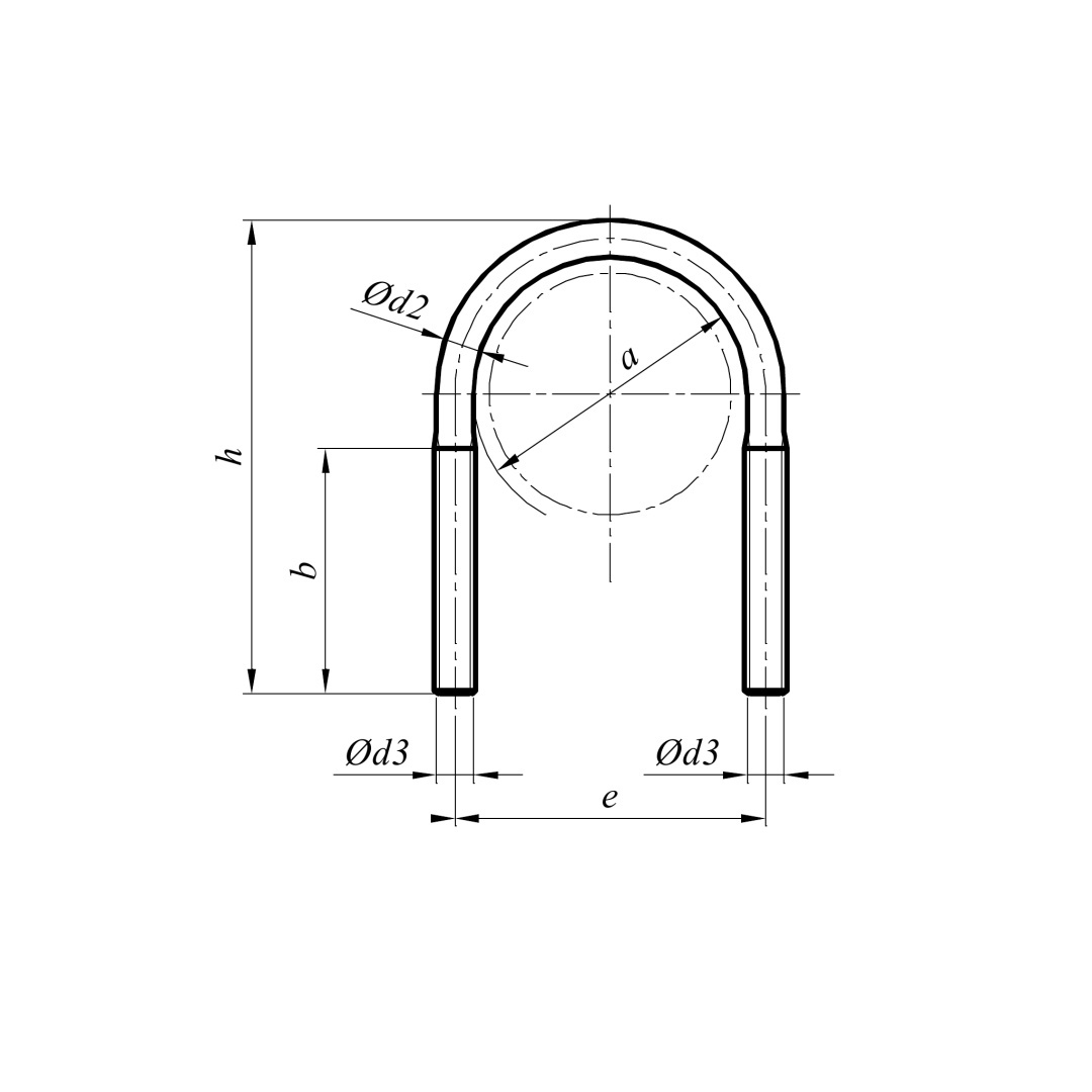 Rysunek techniczny cybanta DIN 3570A z oznaczeniami a, b, d2, d3, e i h