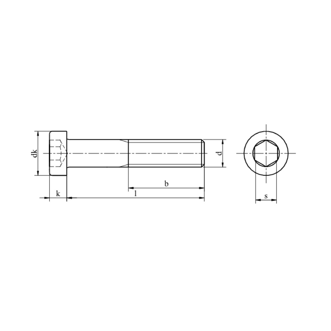 Rysunek techniczny śruby DIN 7984 M8x30 z oznaczeniami d, dk, k, l i s