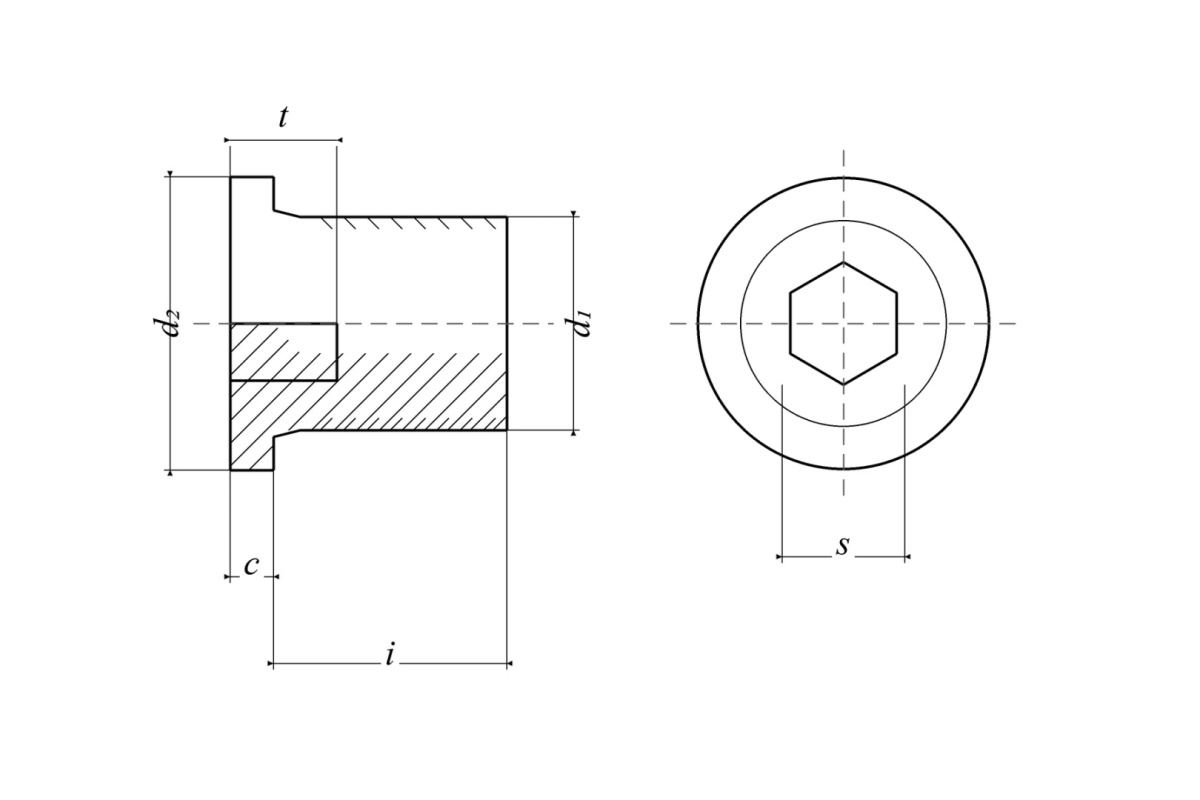 Czysty rysunek techniczny korka gwintowanego DIN 908 z oznaczeniami d1, d2, c, i, s i t