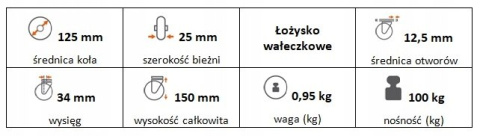 Zestaw kołowy skrętny 125mm nośność 100kg otwór 12 Zestaw kołowy skrętny 125mm nośność 100kg otwór 12