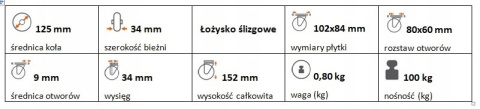 Zestaw kołowy skrętny polipropylen 125mm nośn 100k Zestaw kołowy skrętny polipropylen 125mm nośn 100k