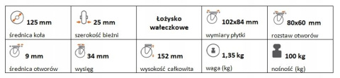 Zestaw kołowy skrętny z hamulcem 125mm nośn. 100kg Zestaw kołowy skrętny z hamulcem 125mm nośn. 100kg
