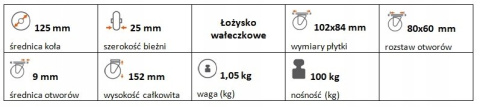 Zestaw kołowy stały 125mm nośność 100 kg Zestaw kołowy stały 125mm nośność 100 kg