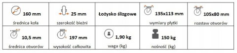 Zestaw kołowy stały 160mm nośność 150 kg Zestaw kołowy stały 160mm nośność 150 kg