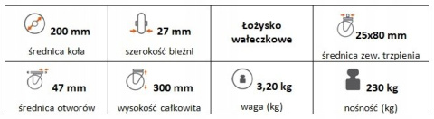Zestaw kołowy skrętny 200mm (25) z trzpieniem Zestaw kołowy skrętny 200mm (25) z trzpieniem
