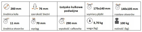 Zestaw kołowy skrętny 260mm nośność 100 kg Zestaw kołowy skrętny 260mm nośność 100 kg