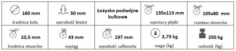 Zestaw kołowy skrętny z hamulcem 160mm nośn 250kg