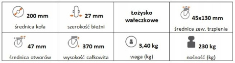 Zestaw kołowy skrętny z hamulcem 200(35/45)trzpień Zestaw kołowy skrętny z hamulcem 200(35/45)trzpień