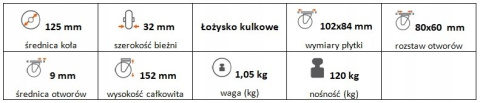 Zestaw kołowy stały 125mm nośność 120 kg Zestaw kołowy stały 125mm nośność 120 kg