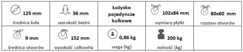Zestaw kołowy stały 125mm nośność 200 kg Zestaw kołowy stały 125mm nośność 200 kg