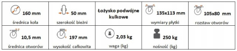 Zestaw kołowy stały 160mm nośność 250 kg Zestaw kołowy stały 160mm nośność 250 kg