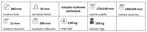 Zestaw kołowy stały 260mm nośność 100 kg Zestaw kołowy stały 260mm nośność 100 kg