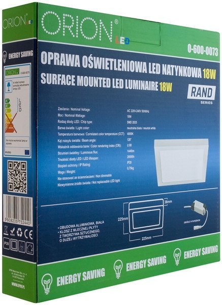 PANEL LED NATYNKOWY Z ZASILACZEM RAND 225*225 18W PANEL LED NATYNKOWY Z ZASILACZEM RAND 225*225 18W