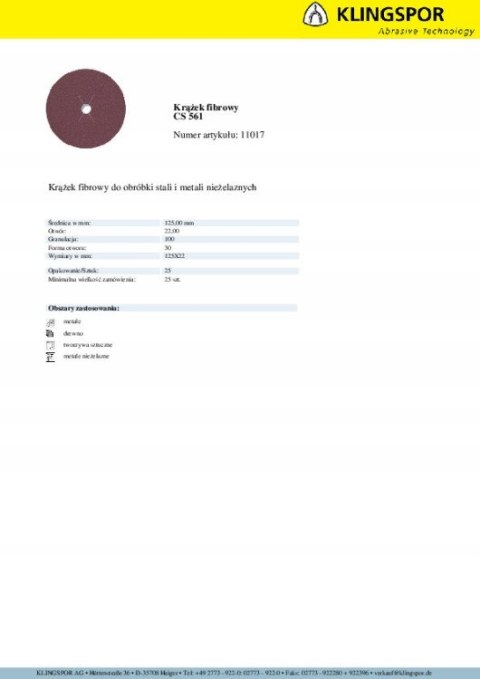 KRĄŻEK FIBROWY CS561 GRANULACJA 100 125MM 11017 KRĄŻEK FIBROWY CS561 GRANULACJA 100 125MM 11017
