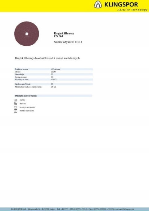 KRĄŻEK FIBROWY CS561 GRANULACJA 30 125MM 11011 KRĄŻEK FIBROWY CS561 GRANULACJA 30 125MM 11011