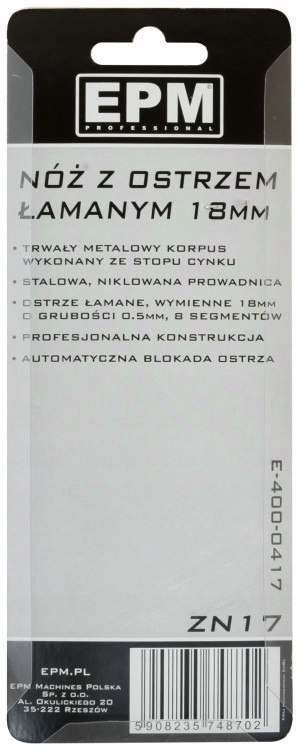NÓŻ Z OSTRZEM ŁAMANYM 18MM STOP CYNKU E-400-0417 NÓŻ Z OSTRZEM ŁAMANYM 18MM STOP CYNKU E-400-0417