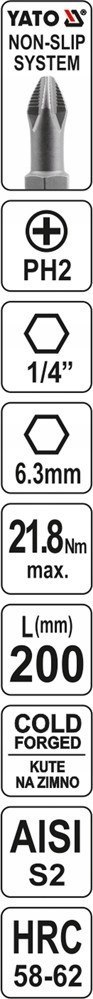 GROT, BIT, KOŃCÓWKA DO WKRĘTARKI PH2 200MM GROT, BIT, KOŃCÓWKA DO WKRĘTARKI PH2 200MM
